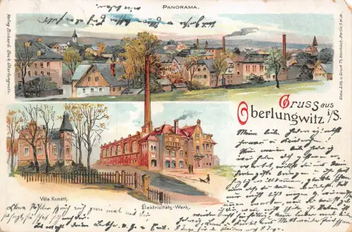 Gruss aus Oberlungwitz i/S. Panorama Elektricitäts-Werk Litho Postkarte AK 1899