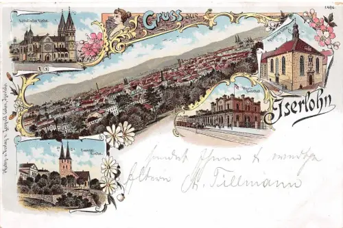 Iserlohn Westbahnhof Katholische Kirche Reformierte K. Litho Postkarte AK 1899