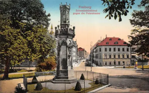Freiberg Schwedendenkmal gegen die Peterstrasse Postkarte AK
