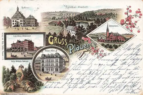 Gruss aus Plauen i. V. Syrathal-Viaduct Kellers Hotel Schützenhaus AK 1898