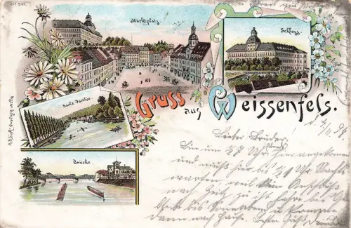 Gruss aus Weissenfels Brücke und Schloss Sachsen-Anhalt Litho Postkarte AK 1897