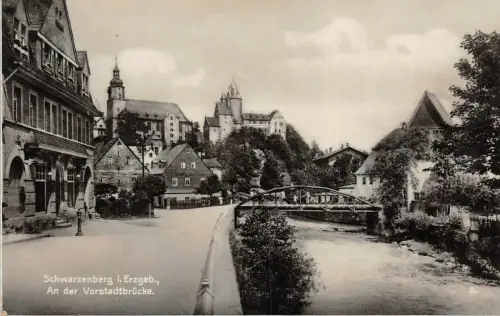 An der Vorstadtbrücke Schwarzenberg Erzgebirge Sachsen Postkarte AK 1932