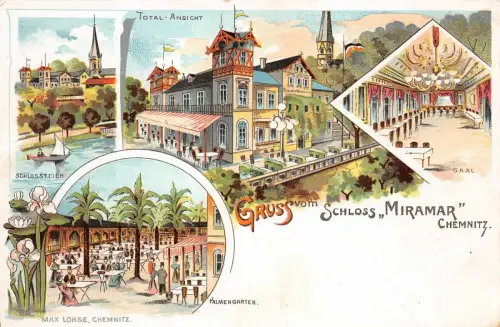 Gruß vom Schloss Miramar mit Schlossteich in Chemnitz Sachsen Litho Postkarte AK