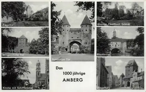 Kirche mit Schiffbrücke, Nabburger Tor in Amberg Bayern Postkarte AK 1936