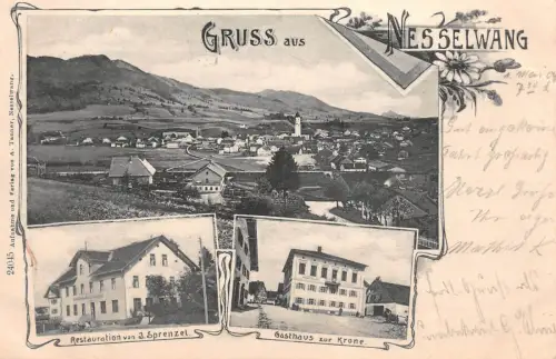 Gruss aus Nesselwang Restauration J. Sprenzel Gasthaus Krone Postkarte AK 1904