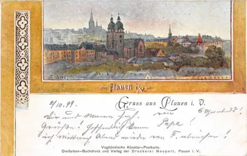 Gruss aus Plauen mit Stadtansicht Vogtland Sachsen Postkarte AK 1899
