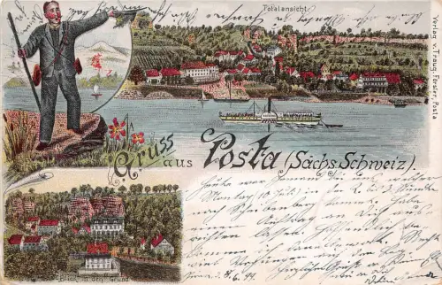 Gruss aus Posta (Sächs. Schweiz) Totalansicht Dampfer Litho Postkarte AK 1899