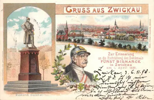 Gruss aus Zwickau Erinnerung Enthüllung Denkmal Fürst Bismarck AK 1898