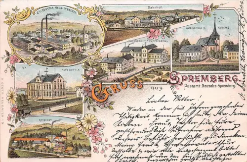 Neusalza Spremberg Weberei Bahnhof Schule Litho Postkarte 1898