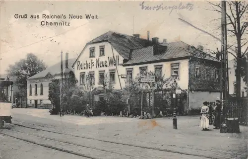 Chemnitz Sachsen Reichels Neue Welt Restaurant , Strassenbahn Postkarte 1916