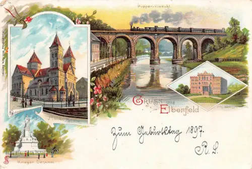 Elberfeld Kirche, Krieger Denkmal, Eisenbahnbrücke, Zug Litho Postkarte 1897