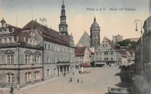 Pirna a. d. E. Markt mit Rathaus Postkarte AK