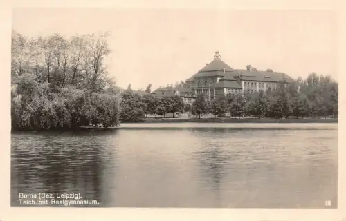 Teich mit Realgymnasium in Borna Sachsen Postkarte AK