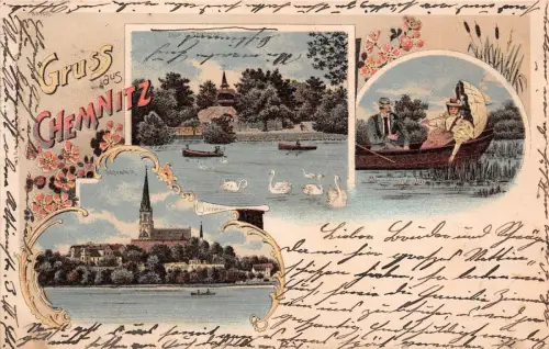 Gruss aus Chemnitz Schlossteich Insel m. Taubenhaus Litho AK 1904