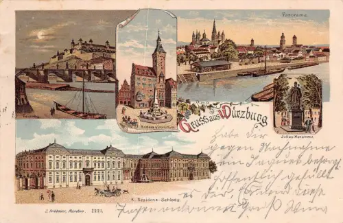 Gruss aus Würzburg Panorama K. Residenz-Schloss Rathaus Postkarte AK 1899