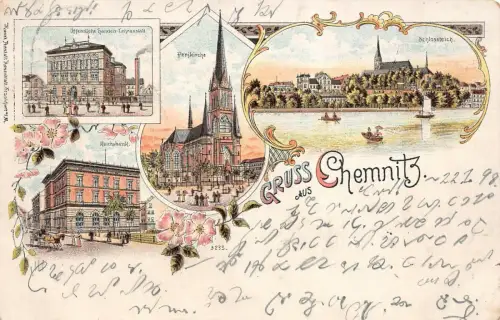 Gruss aus Chemnitz Reichsbank, Perikirche und Schlossteich Sachsen Litho AK 1898