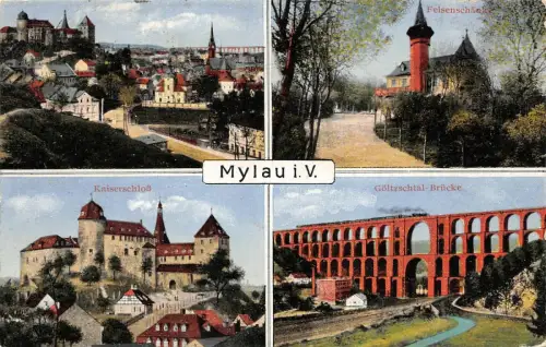 Mylau i. V. Felsenschänke Kaiserschloß Göltzschtalbrücke Postkarte AK
