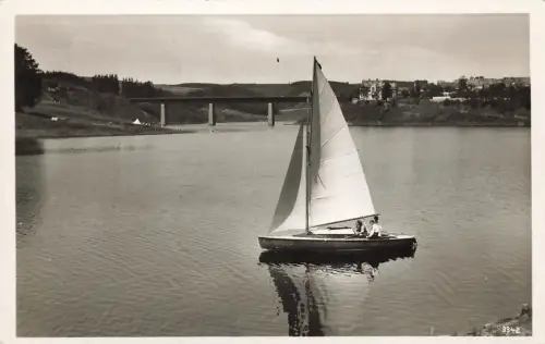 Wassersport auf dem Stausee mit Brücke Saalburg Thüringen Postkarte AK 1933