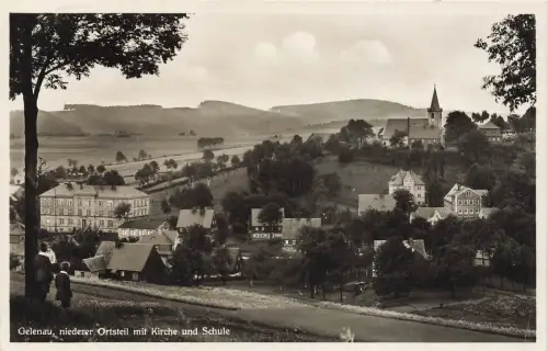 Niederer Ortsteil Kirche und Schule Gelenau Erzgebirge Sachsen Postkarte AK 1933