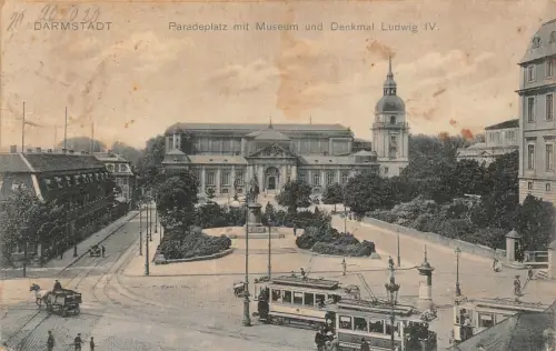 Darmstadt Paradeplatz mit Museum und Denkmal Ludwig IV AK 1910