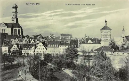 Augsburg St. Ulrichskirche und Rotes Tor Postkarte AK 1908