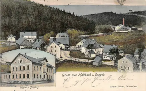Gruss aus Hallbach i. Erzgeb. Seyferts Gasthof Postkarte AK 1906