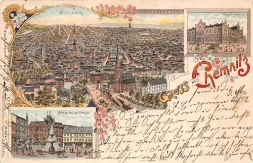 Gruss aus Chemnitz Total-Ansicht Neumarkt mit Fontaine Postkarte AK 1900