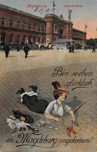 Magdeburg Hauptbahnhof Bin soeben "glücklich" angekommen Postkarte AK