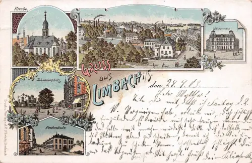 Gruss aus Limbach i/S. Kirche Johannesplatz Fachschule Litho Postkarte AK 1903