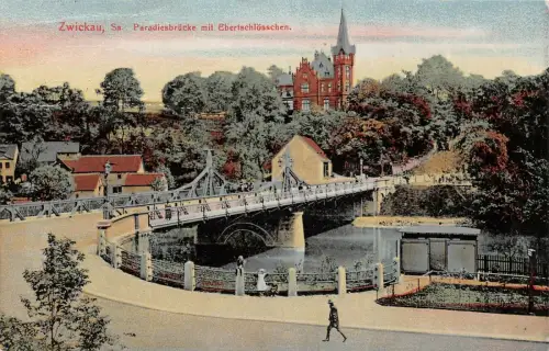 Zwickau Sa. Paradiesbrücke mit Ebertschlösschen Postkarte AK