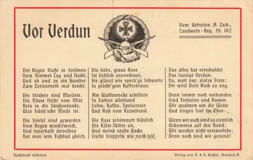 Vor Verdun Spruchkarte Vom Gefreiten A. Zsch. Reg. Nr. 102 Postkarte AK 1914