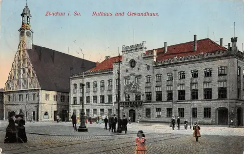 Zwickau i. Sa. Rathaus und Gewandhaus Postkarte 1913