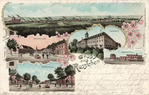 Gruss aus Rossleben Bahnhof, Post und Klosterschule Thüringen Litho AK 1904