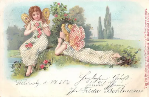 Zwei Elfen Postkarte gel. Bahnpost Wilhelmsburg 27.01.1902