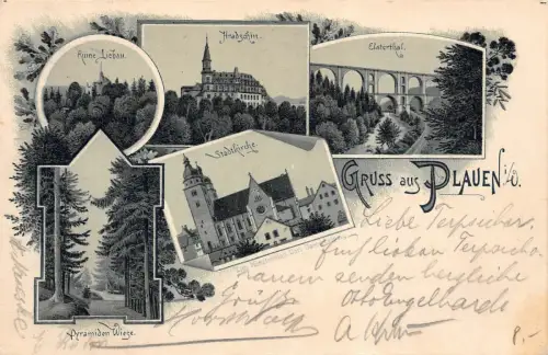 Gruss aus Plauen Ruine Liebau und Stadtkirche Vogtland Sachsen Postkarte AK 1900