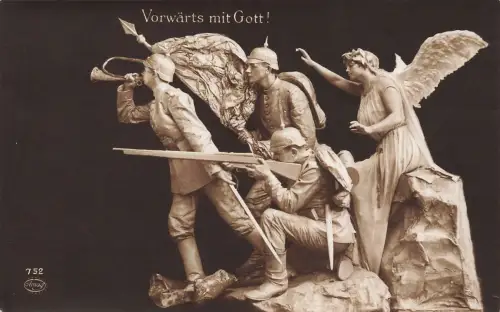 Vorwärts mit Gott! Soldaten mit Gewehr und Engel Patriotika Postkarte AK 1916