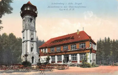 Aussichtsturm mit Unterkunftshaus Scheibenberg Erzgebirge Sachsen Postkarte AK
