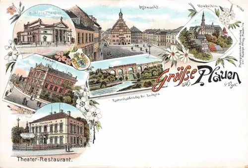 Grüße aus Plauen mit Theater-Restaurant und Postamt Vogtland Sachsen Litho AK