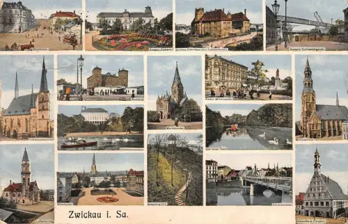Panorama Karte mit Bahnhof, Kirchen und Gewandhaus Zwickau Sachsen AK 1913