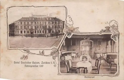 Zwickau Sachsen Hotel Restaurant Deutscher Kaiser gelaufen 1919 Fernsprecher 187