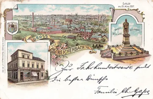 Ansicht mit Kaiser Denkmal Reichenbach Vogtland Sachsen Litho Postkarte AK 1899