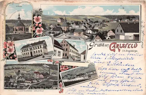 Gruss aus Carlsfeld Bahnhof, Schule Erzgebirge Sachsen Litho Postkarte AK 1897