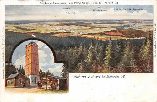 Nordwest Panorama Gruß vom Kuhberg Schönheide Erzgebirge Sachsen Postkarte 1910