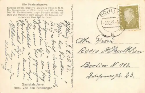 AK Schleiz Thür. Die Saaletalsperre Blick von Bleibergen 1932