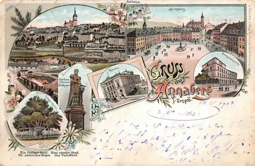 Gruß aus Annaberg Theater, Rathaus Erzgebirge Sachsen Postkarte Litho AK 1904