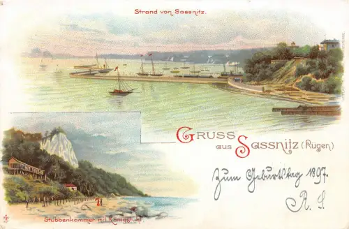 Sassnitz Rügen Strand von Sassnitz Schiffe Grusspostkarte 1897