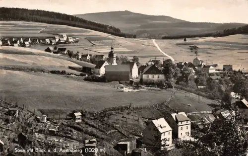 Stadtansicht Sosa mit Blick auf den Auersberg Erzgebirge Sachsen AK 1941