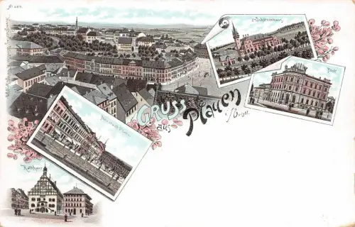 Gruss aus Plauen i./Voigtl. Schützenhaus Post Neustadt Marktplatz Postkarte AK