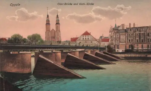 Oder-Brücke und Katholische Kirche in Oppeln Schlesien Postkarte AK