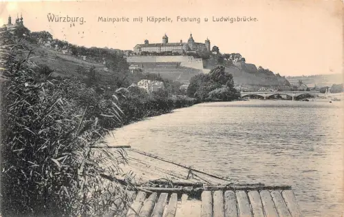 Würzburg Mainpartie mit Käppele, Festung u. Ludwigsbrücke Postkarte AK 1909